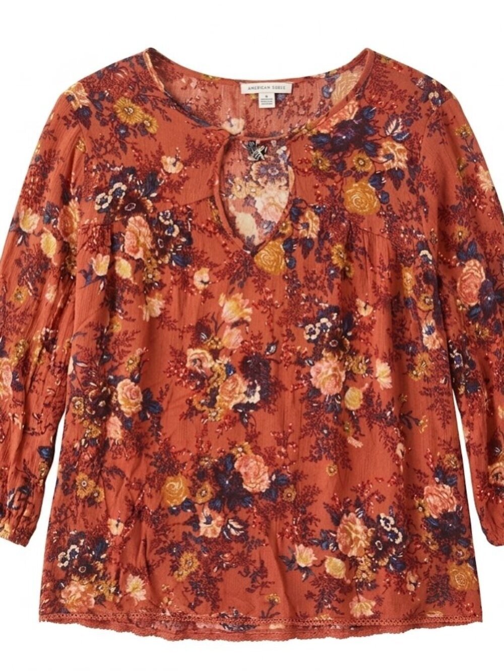 AE Floral 3/4 Sleeve Boho Blouse - Rust & Multicolor - Large